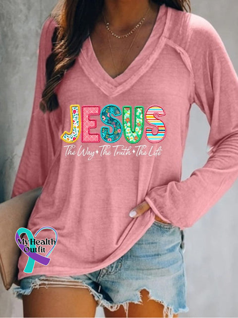 Women’s Jesus The Way Truth Life Print Casual Long Sleeve T-Shirt Pink / S