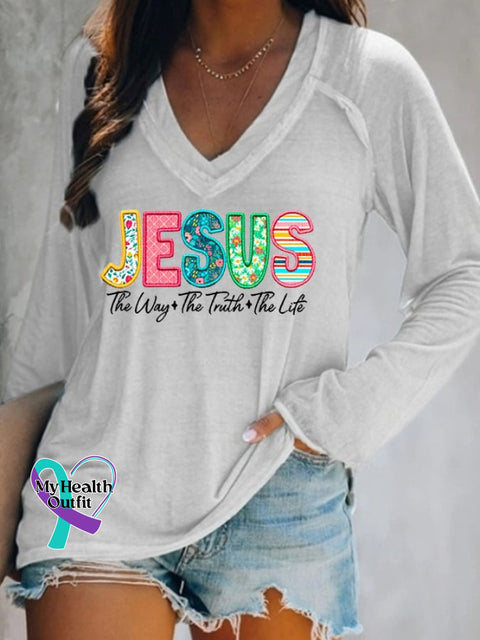 Women’s Jesus The Way Truth Life Print Casual Long Sleeve T-Shirt White / S