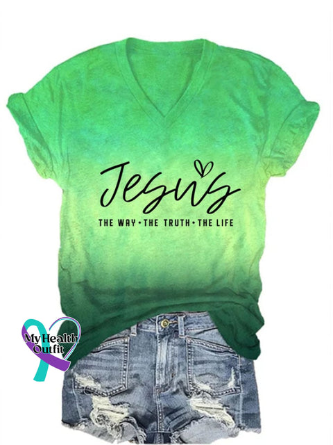 Women’s Jesus The Way Truth Life Print Casual T-Shirt Green / S