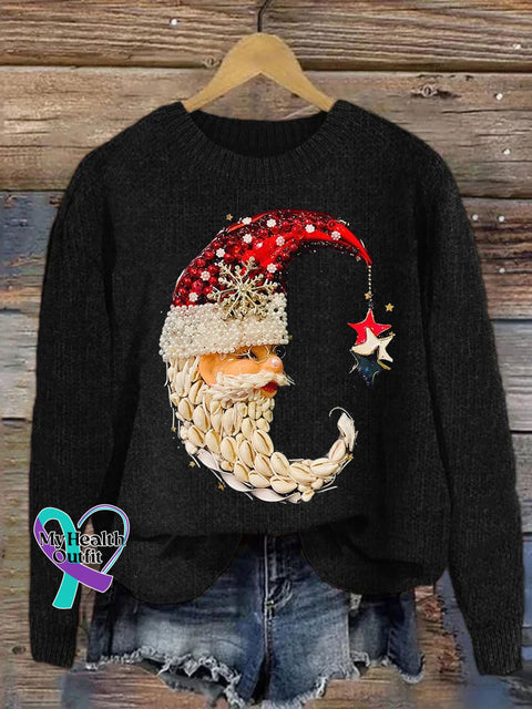 Women’s Jewelry Moon Santa Print Casual Sweater Black / S