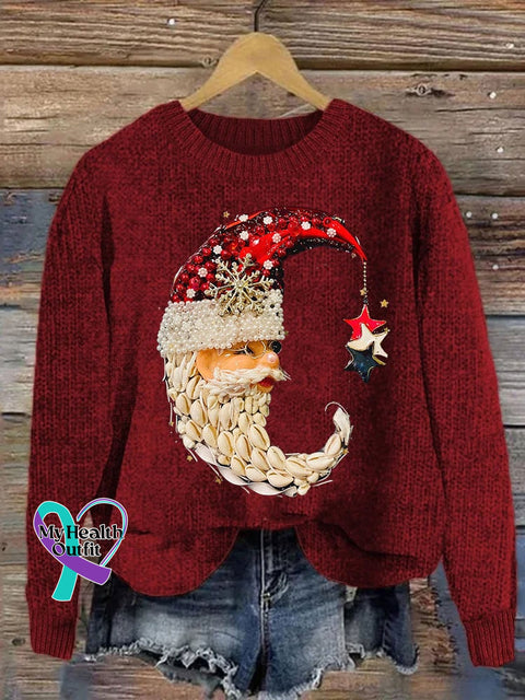Women’s Jewelry Moon Santa Print Casual Sweater Burgundy / S