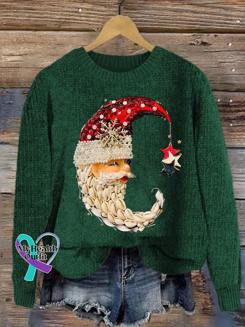 Women’s Jewelry Moon Santa Print Casual Sweater Dark Green / S