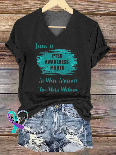 Women’s June Is PTSD AWARENESS MONTH At War Against The War Within V-neck Casual T-Shirt Black / S