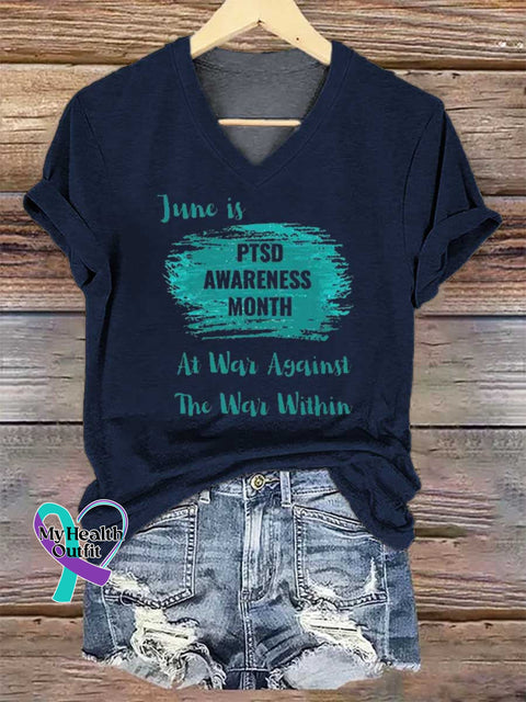 Women’s June Is PTSD AWARENESS MONTH At War Against The War Within V-neck Casual T-Shirt Blue / S