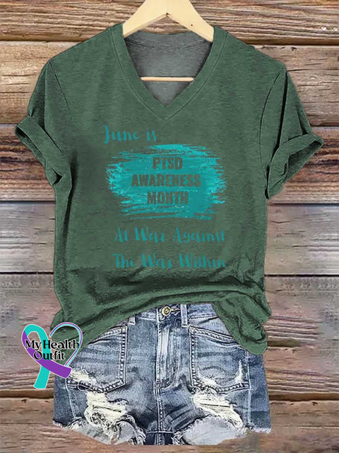 Women’s June Is PTSD AWARENESS MONTH At War Against The War Within V-neck Casual T-Shirt Green / S