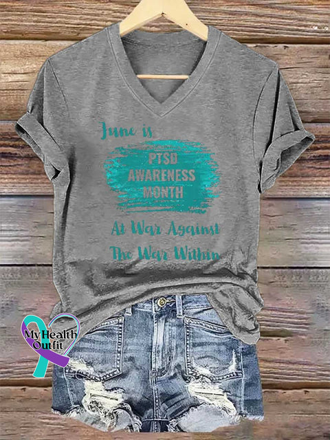 Women’s June Is PTSD AWARENESS MONTH At War Against The War Within V-neck Casual T-Shirt Grey / S