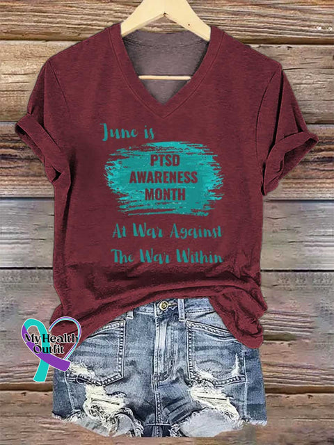 Women’s June Is PTSD AWARENESS MONTH At War Against The War Within V-neck Casual T-Shirt Red / S
