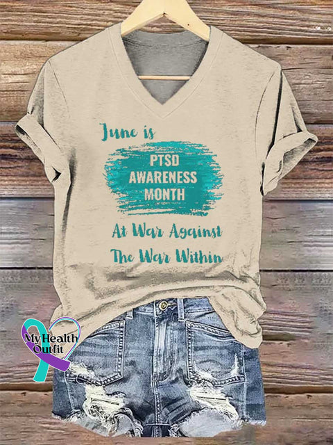 Women’s June Is PTSD AWARENESS MONTH At War Against The War Within V-neck Casual T-Shirt Sand / S