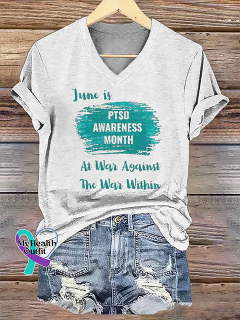 Women’s June Is PTSD AWARENESS MONTH At War Against The War Within V-neck Casual T-Shirt White / S