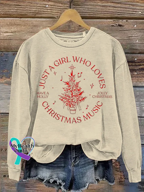 Women’s Just A Girl Who Loves Christmas Music Pattern Art Print Casual Cotton Sweatshirt Apricot / S