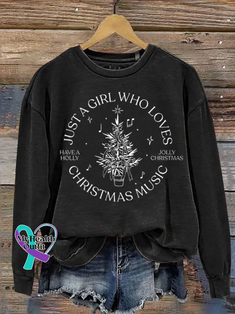 Women’s Just A Girl Who Loves Christmas Music Pattern Art Print Casual Cotton Sweatshirt Black / S