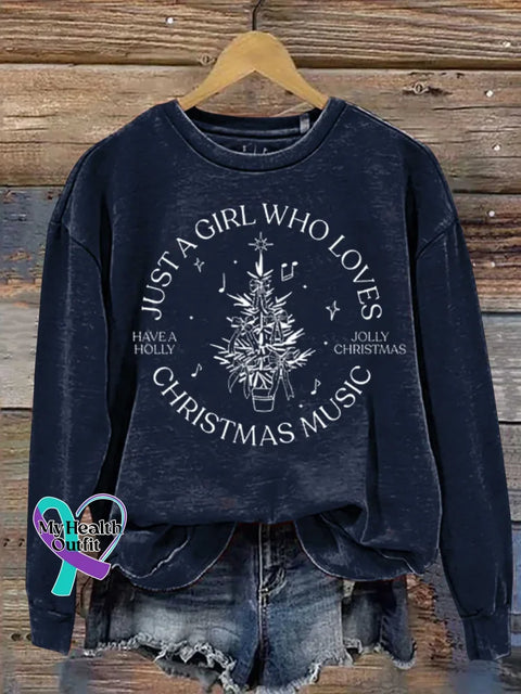Women’s Just A Girl Who Loves Christmas Music Pattern Art Print Casual Cotton Sweatshirt Blue / S