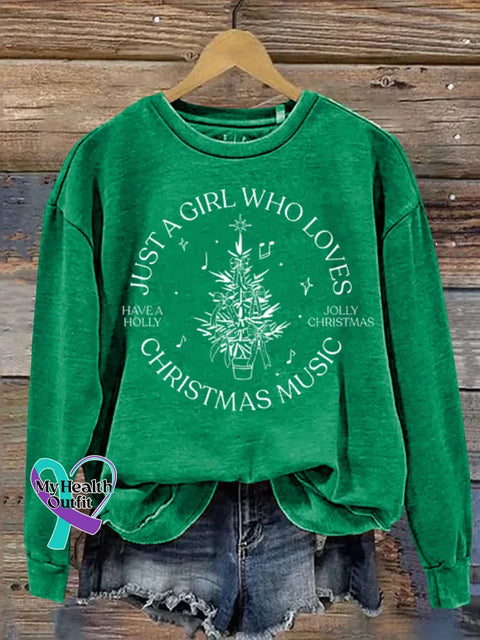 Women’s Just A Girl Who Loves Christmas Music Pattern Art Print Casual Cotton Sweatshirt Green / S