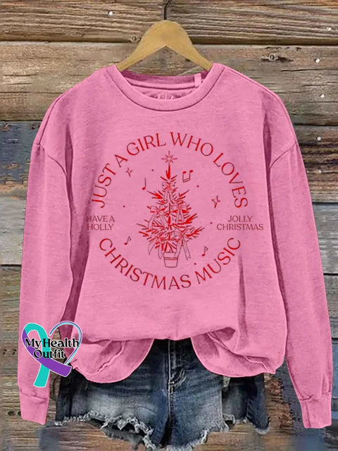 Women’s Just A Girl Who Loves Christmas Music Pattern Art Print Casual Cotton Sweatshirt Pink / S