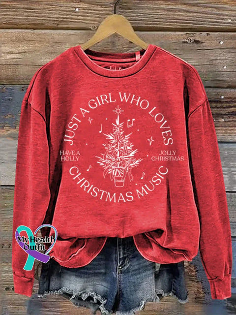 Women’s Just A Girl Who Loves Christmas Music Pattern Art Print Casual Cotton Sweatshirt Red / S