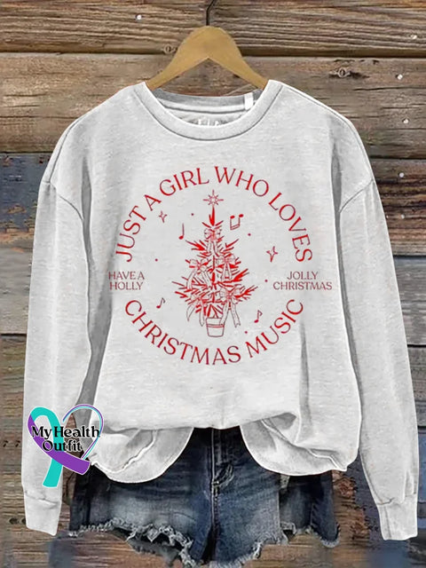 Women’s Just A Girl Who Loves Christmas Music Pattern Art Print Casual Cotton Sweatshirt White / S