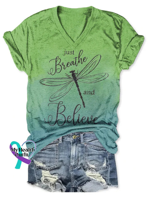 Women’s Just Breathe And Believe Dragonfly Art Print Casual Cotton T-shirt Green / S