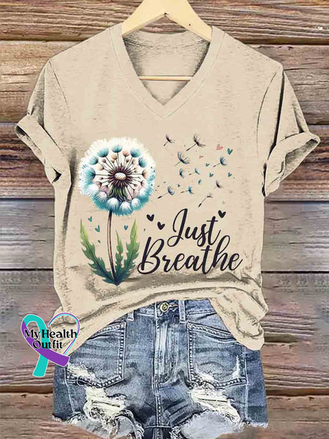 Women’s Just Breathe Dandelion Art V neck Casual T Shirt Apricot / S