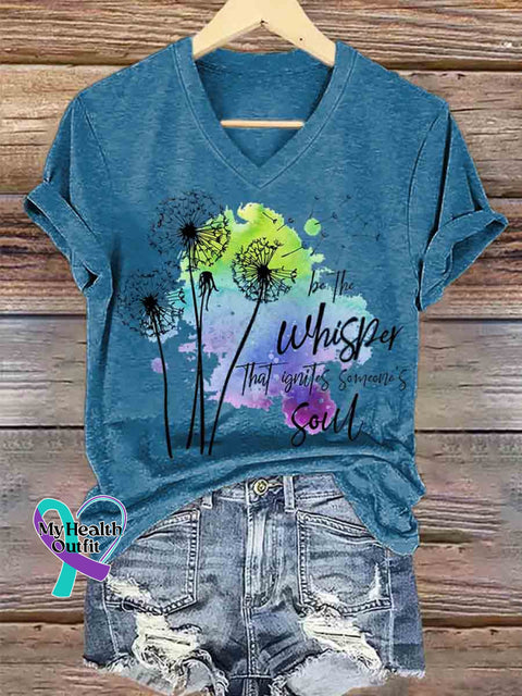 Women’s Just Breathe Dandelion Art V neck Casual T Shirt Blue / S