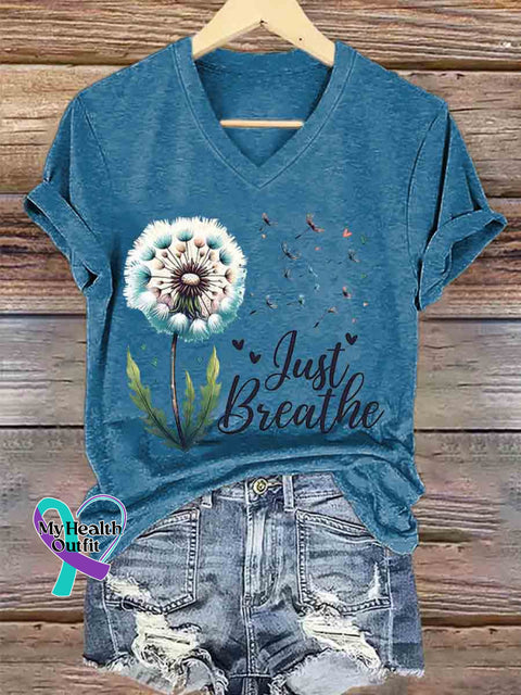 Women’s Just Breathe Dandelion Art V neck Casual T Shirt Blue / S