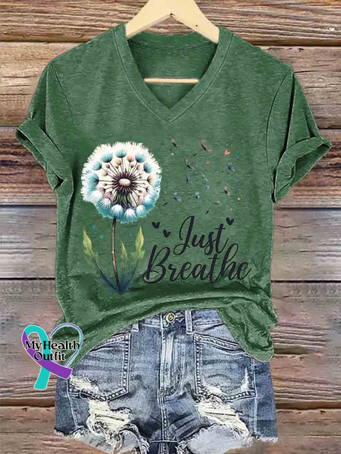 Women’s Just Breathe Dandelion Art V neck Casual T Shirt Green / S