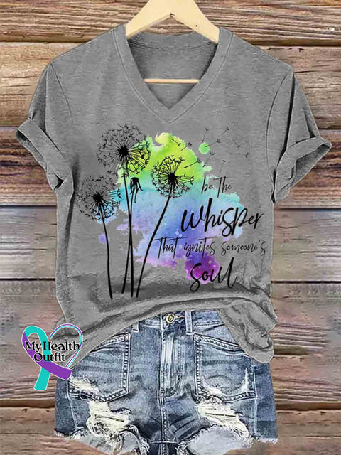 Women’s Just Breathe Dandelion Art V neck Casual T Shirt Grey / S