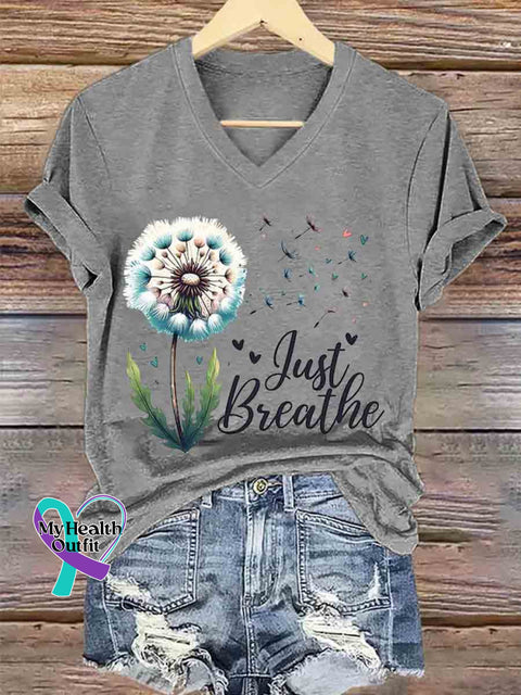 Women’s Just Breathe Dandelion Art V neck Casual T Shirt Grey / S