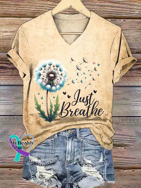 Women’s Just Breathe Dandelion Art V neck Casual T Shirt Khaki / S