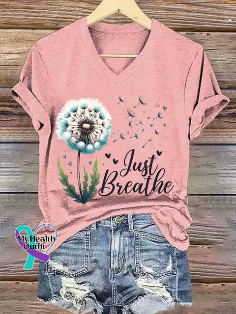 Women’s Just Breathe Dandelion Art V neck Casual T Shirt Pink / S