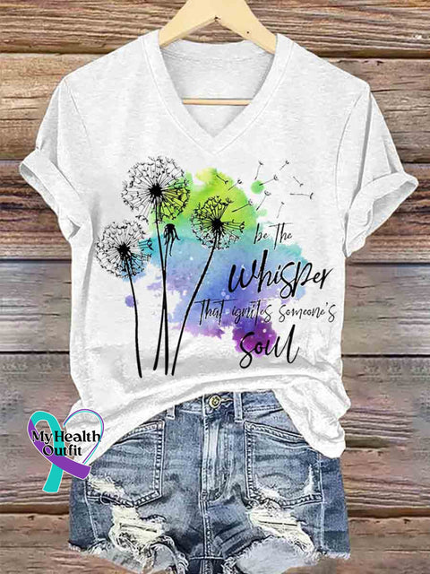 Women’s Just Breathe Dandelion Art V neck Casual T Shirt White / S
