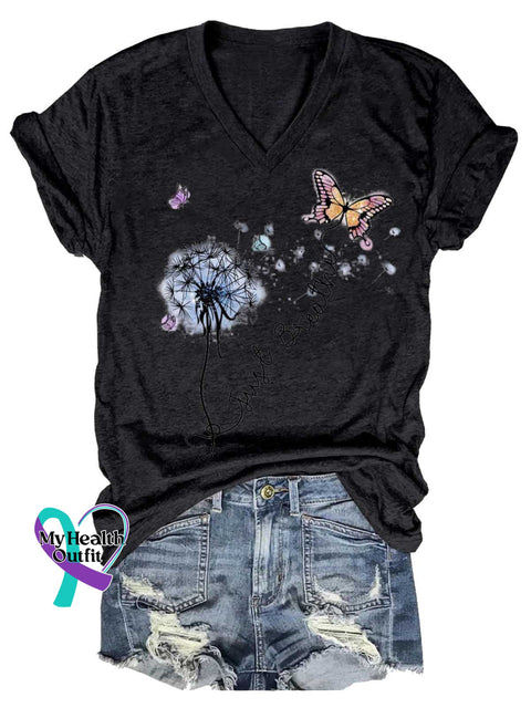 Women’s Just Breathe Dandelion Butterfly Mental Health Awareness V-neck Casual T-Shirt Black / S