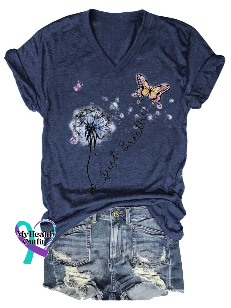 Women’s Just Breathe Dandelion Butterfly Mental Health Awareness V-neck Casual T-Shirt Blue / S