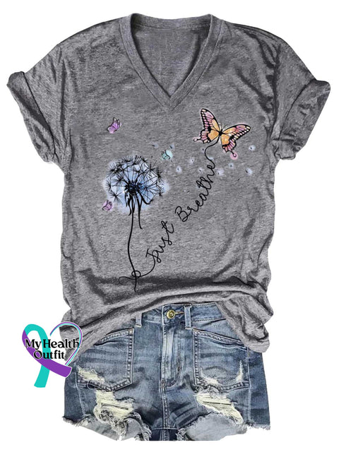 Women’s Just Breathe Dandelion Butterfly Mental Health Awareness V-neck Casual T-Shirt Grey / S