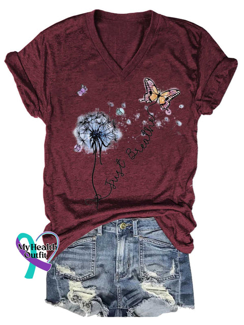 Women’s Just Breathe Dandelion Butterfly Mental Health Awareness V-neck Casual T-Shirt Red / S