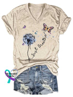 Women’s Just Breathe Dandelion Butterfly Mental Health Awareness V-neck Casual T-Shirt Sand / S
