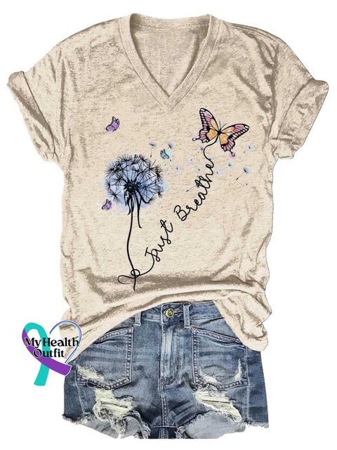 Women’s Just Breathe Dandelion Butterfly Mental Health Awareness V-neck Casual T-Shirt Sand / S
