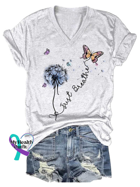 Women’s Just Breathe Dandelion Butterfly Mental Health Awareness V-neck Casual T-Shirt White / S