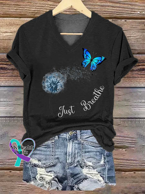 Women’s Just Breathe Dandelion Butterfly V-neck Casual T-Shirt Black / S