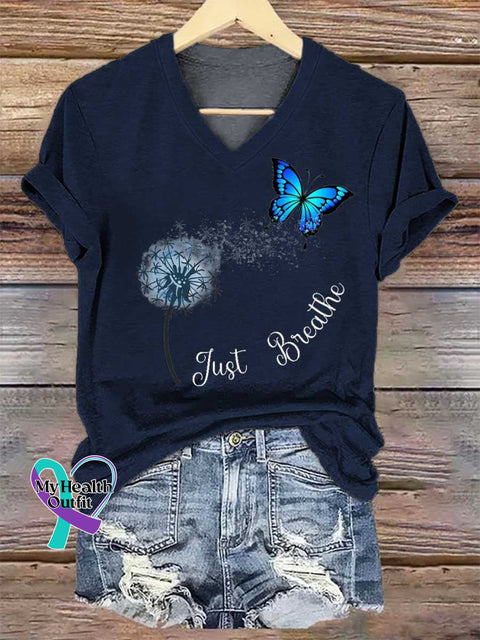 Women’s Just Breathe Dandelion Butterfly V-neck Casual T-Shirt Blue / S