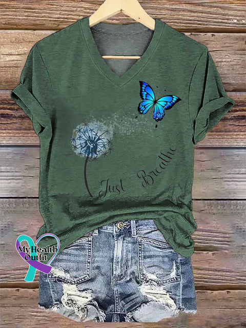 Women’s Just Breathe Dandelion Butterfly V-neck Casual T-Shirt Green / S
