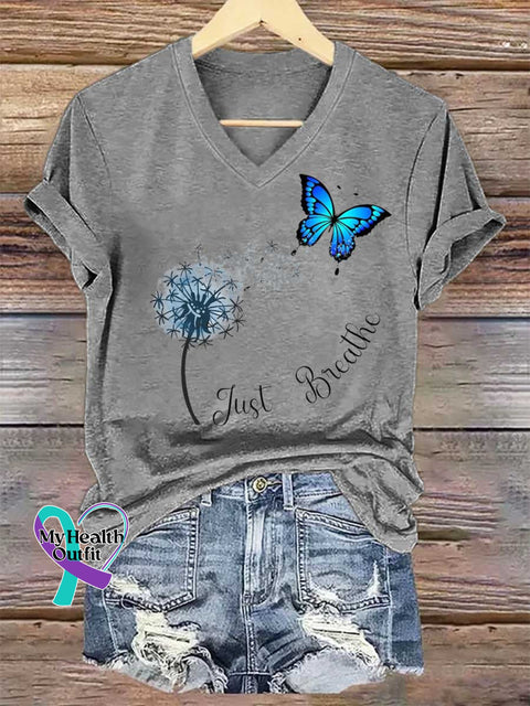 Women’s Just Breathe Dandelion Butterfly V-neck Casual T-Shirt Grey / S