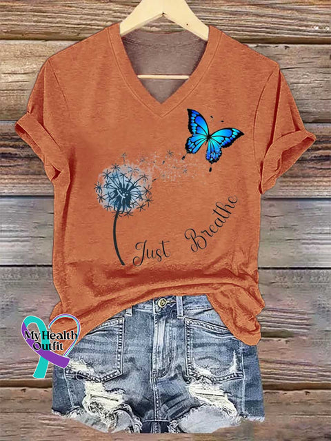 Women’s Just Breathe Dandelion Butterfly V-neck Casual T-Shirt Orange / S