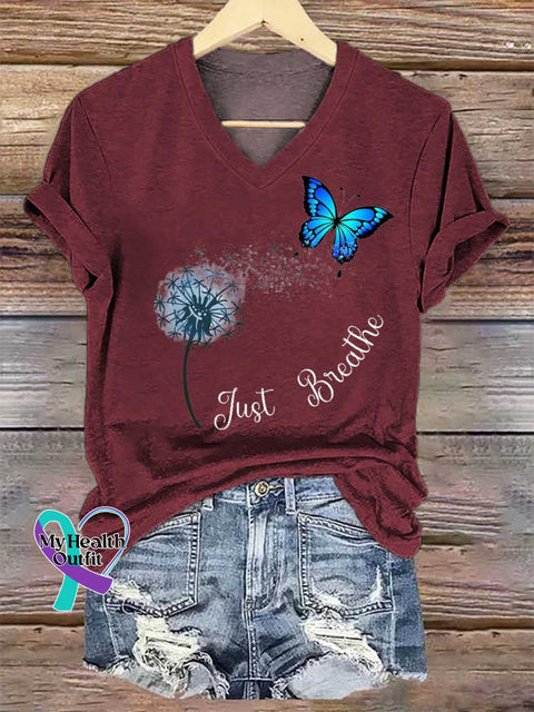 Women’s Just Breathe Dandelion Butterfly V-neck Casual T-Shirt Red / S