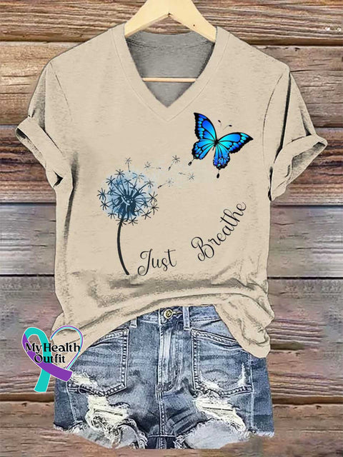 Women’s Just Breathe Dandelion Butterfly V-neck Casual T-Shirt Sand / S