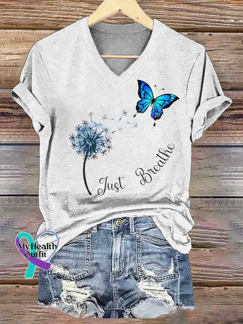 Women’s Just Breathe Dandelion Butterfly V-neck Casual T-Shirt White / S