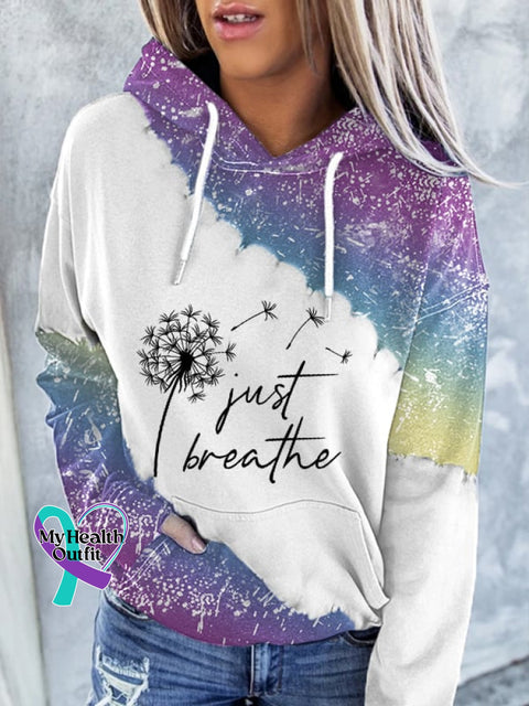Women’s Just Breathe Dandelion Inspiration Gradient Bleach Tie-Dye Print Casual Hoodie Purple / S