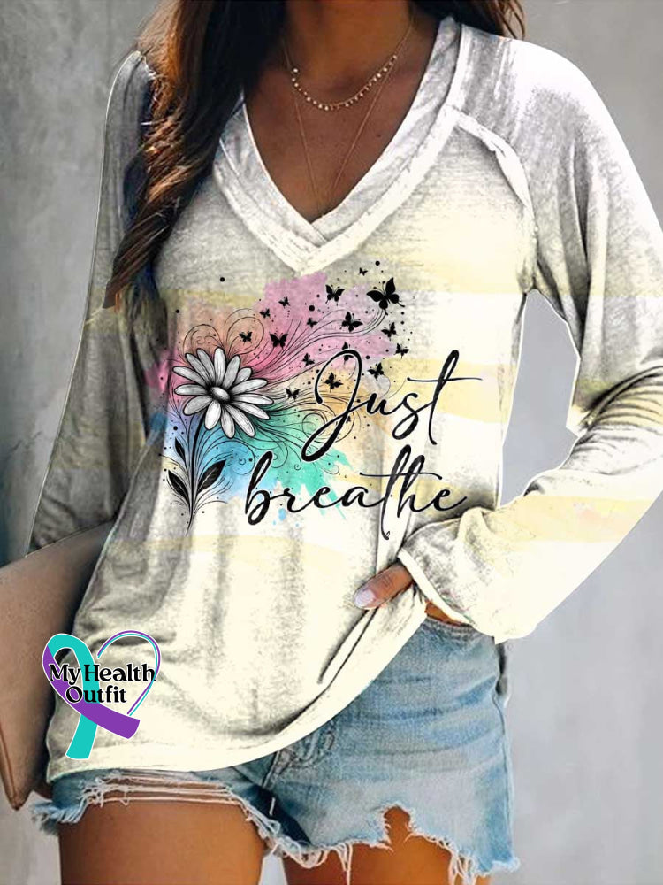 Women’s Just Breathe Dandelion Print V Neck Long Sleeve Tops Color / S