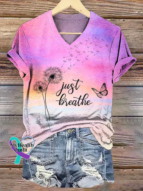 Women’s Just Breathe Dandelion V-neck Casual T-Shirt Multicolor / S