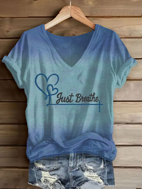 Women’s Just Breathe Mental Health Awareness V-neck Casual T-Shirt Blue / S