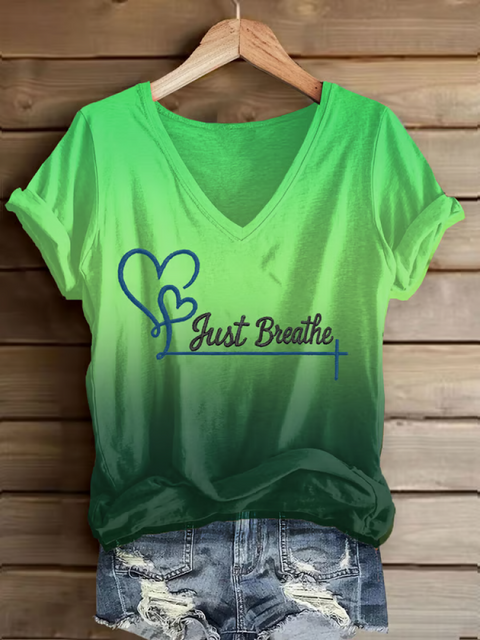 Women’s Just Breathe Mental Health Awareness V-neck Casual T-Shirt Green / S